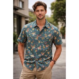 Howler Bros Heed The Call Men's Button Up‎ Shirt Teal Pineapple Rooster Print S
